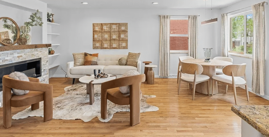 living room dining room Denver - staged by KISS Designs